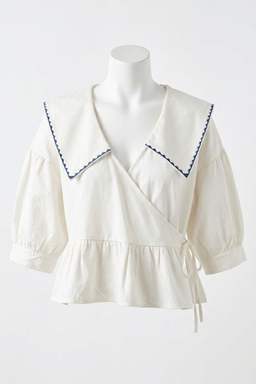 NEW AARON & AMBER willow embroidered sailor collar blouse in white